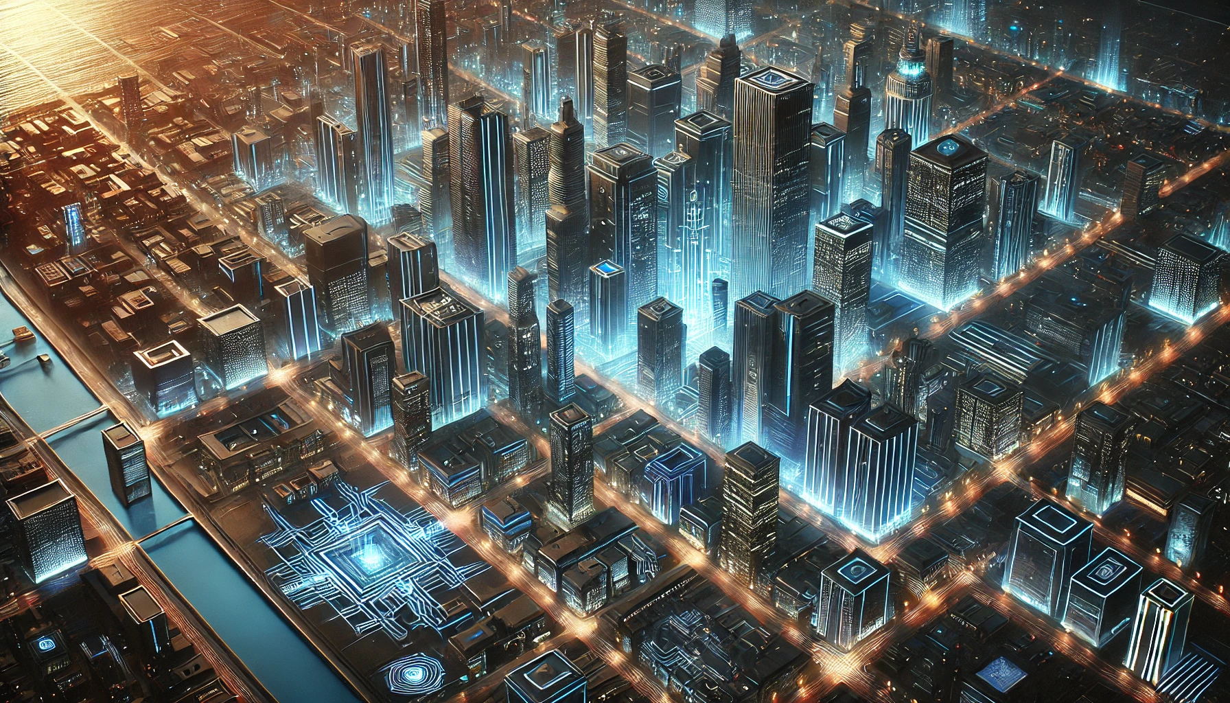 dall·e 2024-09-13 14.58.26 - an aerial view of a futuristic cityscape, blending high-tech elements with subtle fantasy influences. the city is illuminated with glowing accents in .webp