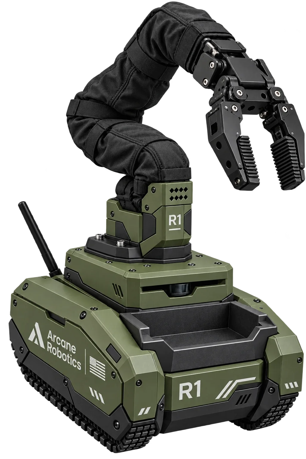 The Arcane R1: a green tracked base carrying a robot arm with a gripper